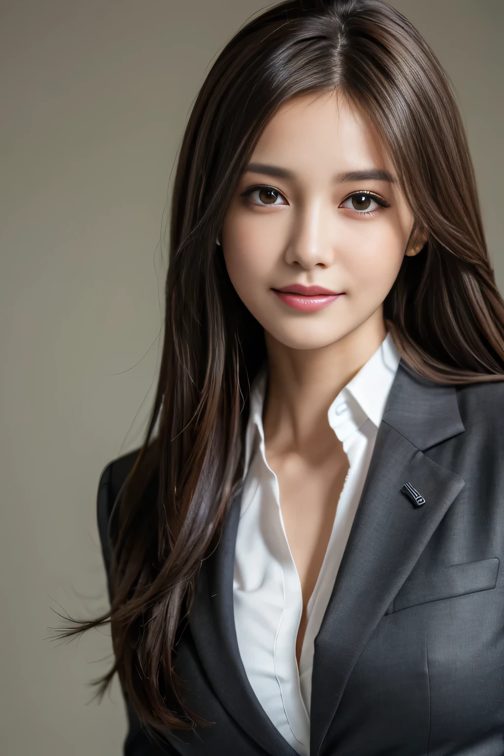 table top, highest quality, realistic, Super detailed, finely, High resolution, 8k wallpaper, 1 beautiful woman,, light brown messy hair, wearing a business suit, sharp focus, perfect dynamic composition, finely beautiful eyes, thin hair, Detailed and realistic skin texture, smile, close-up portrait, model body shape