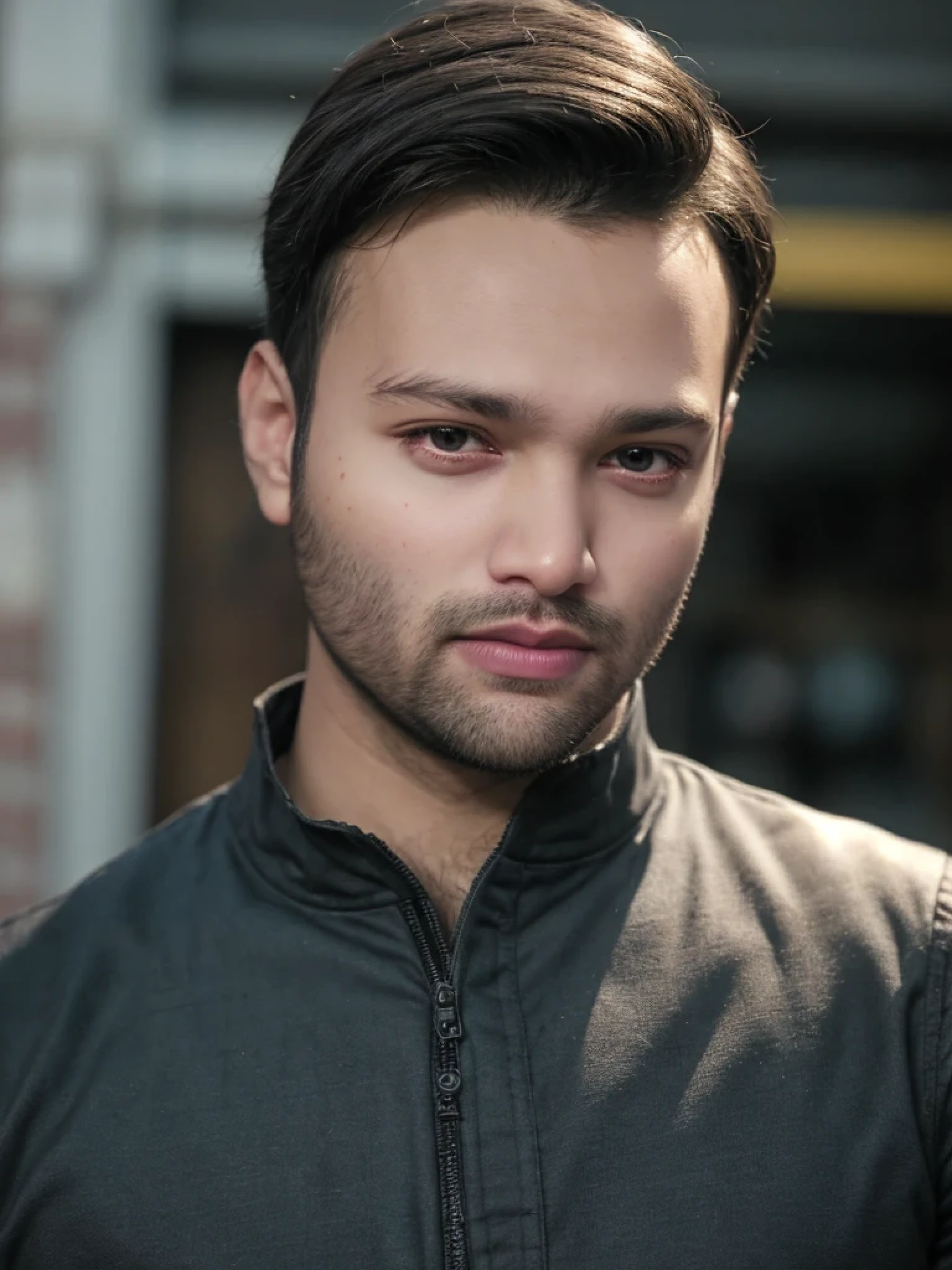 A beautiful young bearded man with highly detailed skin looking at the camera,8k,high res, soft light,no contrast,ultra realistic, photorealism.((real life photo,realistic:1.9, short beard:1)),(wearing black suits looking at right)