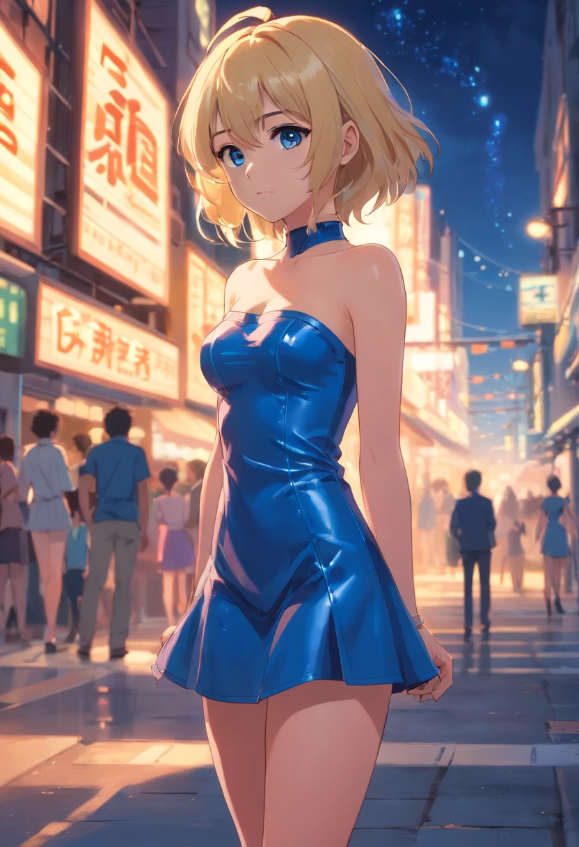 Blonde woman 17 years old, pelo corto, ojos azules, standing wearing short strapless blue latex dress, blue heeled boots, parque de noche
