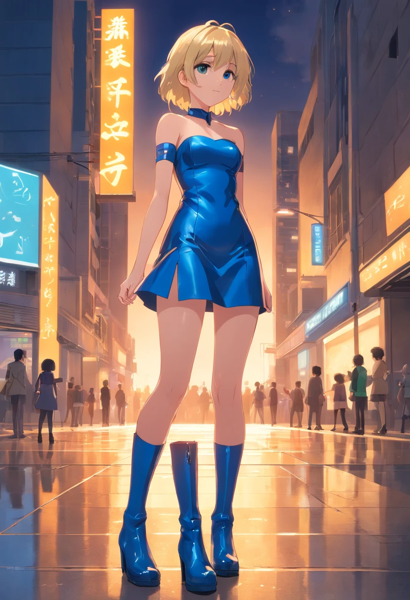 Blonde woman , pelo corto, ojos azules, standing wearing short strapless blue latex dress, blue heeled boots, parque de noche