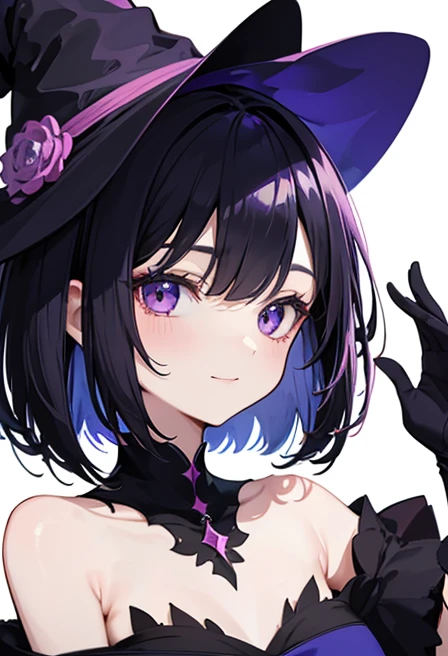 Witch's outfit, Anime-style portrait of a girl with a deep violet bob cut making eye contact with the camera, bright eyes, baby-faced, subtle smile, minimalistic background to emphasize character, high contrast, clean lines, digital painting, vivid colors