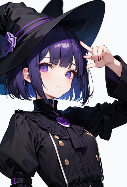 Witch's outfit, Anime-style portrait of a girl with a deep violet bob cut making eye contact with the camera, bright eyes, -facebtle smile, minimalistic background to emphasize character, high contrast, clean lines, digital painting, vivid colors