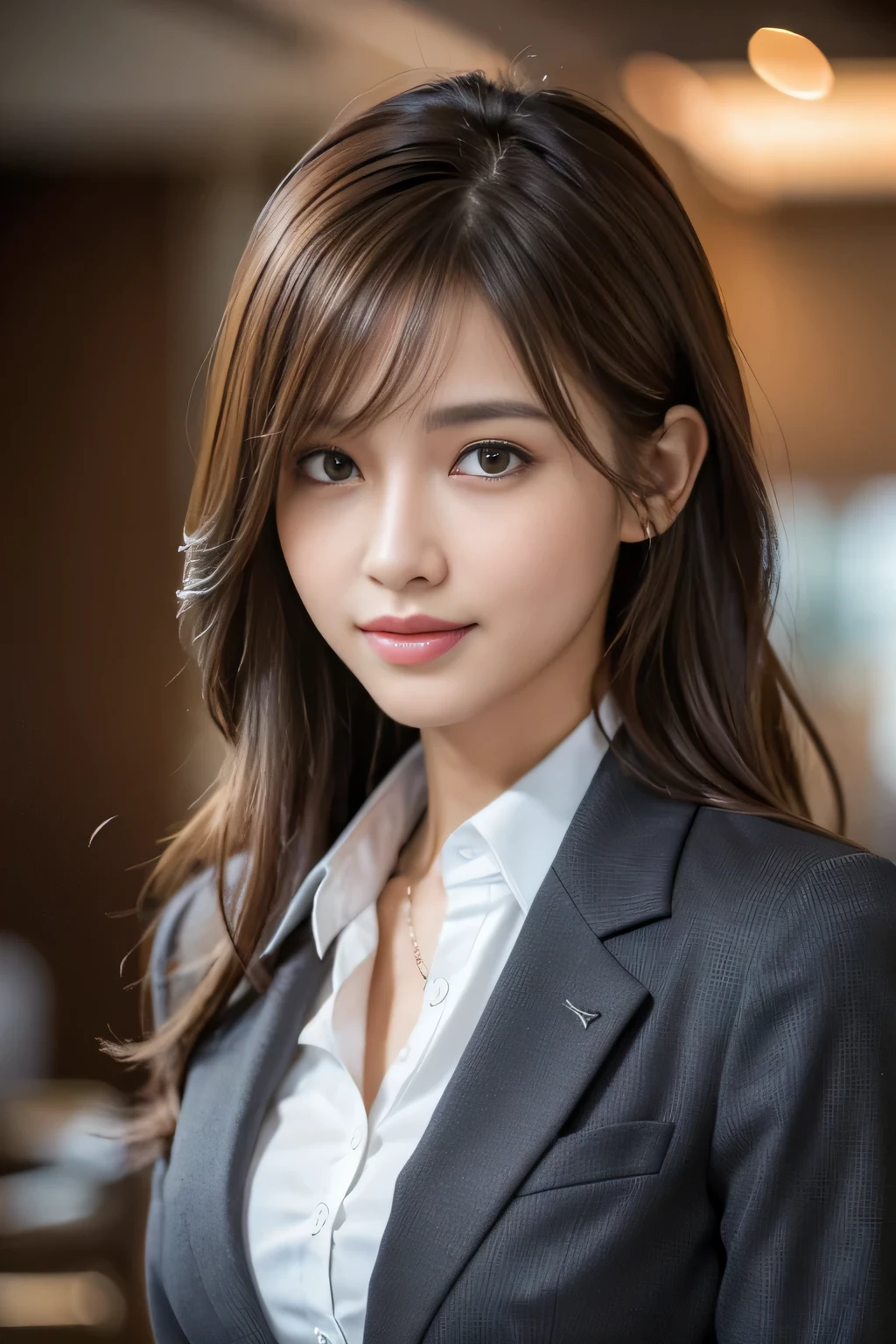 table top, highest quality, realistic, Super detailed, finely, High resolution, 8k wallpaper, 1 beautiful woman,, light brown messy hair, wearing a business suit, sharp focus, perfect dynamic composition, finely beautiful eyes, thin hair, Detailed and realistic skin texture, smile, close-up portrait, model body shape