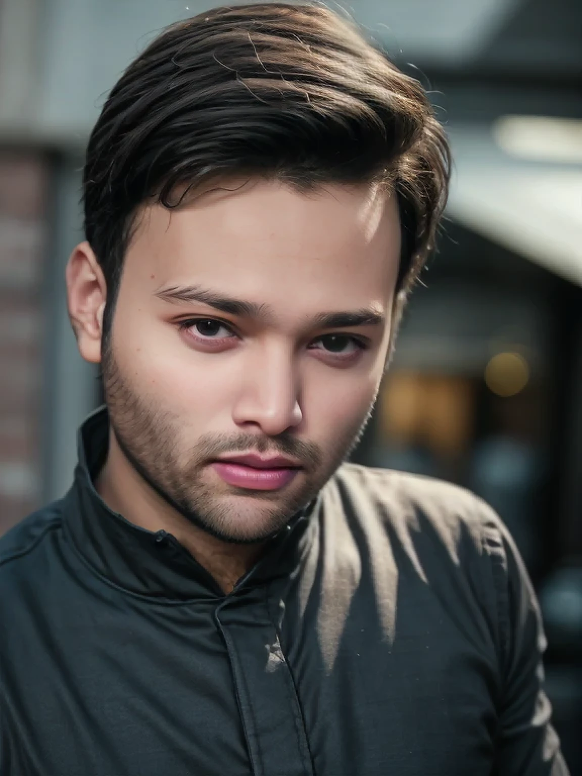 A beautiful young bearded man with highly detailed skin looking at the camera,8k,high res, soft light,no contrast,ultra realistic, photorealism.((real life photo,realistic:1.9, short beard:1)),(wearing black suits looking at right)