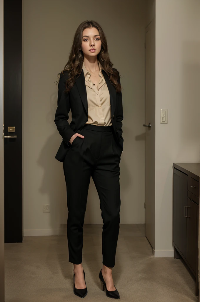thin woman, 1.56 tall, long, wavy hair with highlights, light brunette, green eyes, closed mouth, wearing a blazer and black pants, with a beige blouse inside, and black scanpin shoes
