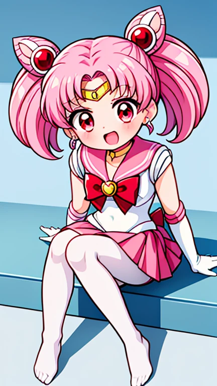sailor moon，childhood，Young，Seven ，Cute little loli，Pink hair twintails，short hair，red eyes，Sailor suit，bow tie，White elbow gloves，red skirt，no shoes，Open your mouth，laughing out loud，sitting，short legs，white pantyhose