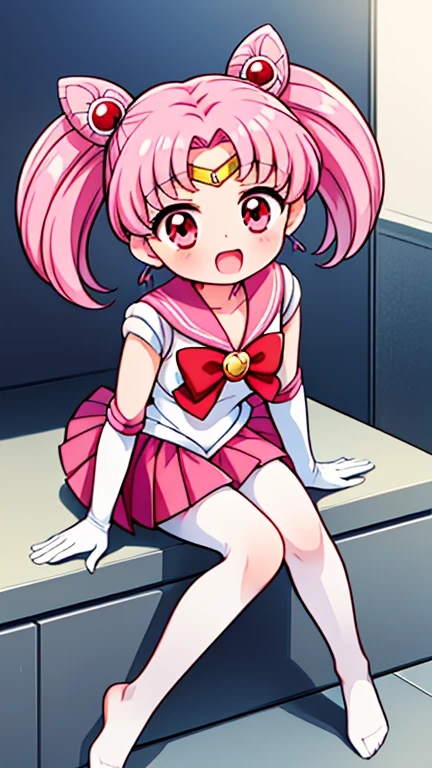 sailor moon,childhood,Young,Seven years old,Cute little loli,Pink hair twintails,short hair,red eyes,Sailor suit,bow tie,White elbow gloves,red skirt,no shoes,Open your mouth,laughing out loud,sitting,short legs,white pantyhose