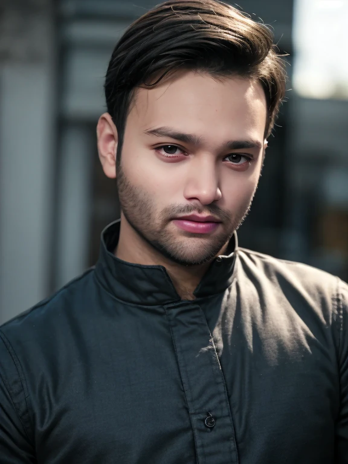 A beautiful young bearded man with highly detailed skin looking at the camera,8k,high res, soft light,no contrast,ultra realistic, photorealism.((real life photo,realistic:1.9, short beard:1)),(wearing black suits looking at right)