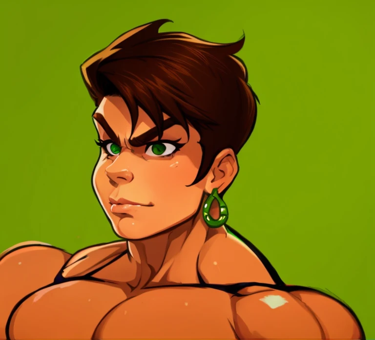 portrait of muscle woman with brunette hair wearing green bikini, most muscular pose, woman with huge muscles, mature woman, stern expression, green eyes, angry expression