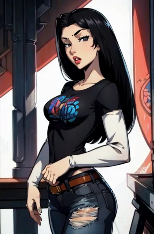 heather tdi, long hair, hair down, black eyes, lips, 1girl, solo, standing, black t-shirt, white shirt, blue jeans, belt, lipstick, large breasts