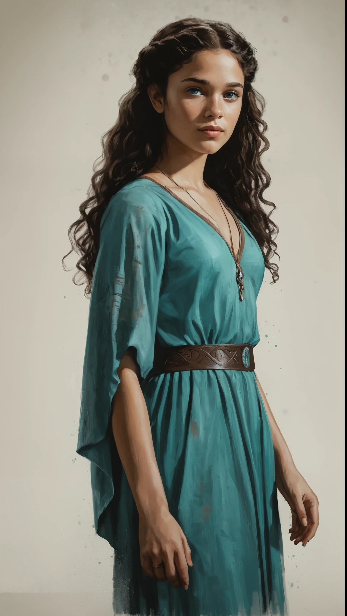 An illustrated movie poster, hand-drawn, full color, a Westerosi teenage girl, wearing a regal chiton, warm brown complexion, freckles, turquoise eyes, dark hair, long loose curls, waist-length hair, posing on a pedestal, hard shadows, graphite shading, stencil marks, airbrushed acrylic paint, masterpiece, in the style of Game of Thrones