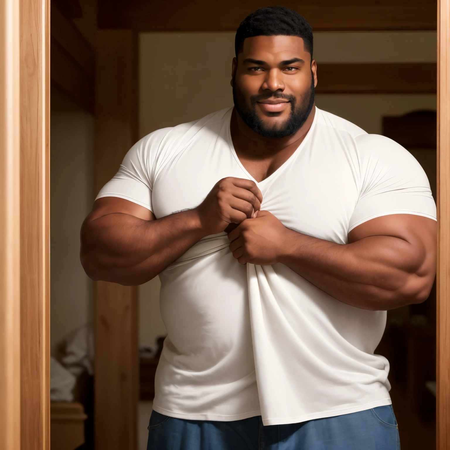 A large, brown-skinned man with a robust build is depicted in this image. His strong features are accentuated by the natural light that filters in from the side, creating a sense of depth and texture. The man's warm, friendly smile invites you in, making you feel at ease in his presence. He wears a simple white shirt, the fabric draped perfectly over his muscular frame. The details of his facial features, from the slight creases at the corners of his eyes to the stubble on his chin, are rendered with great care and attention, making for a truly captivating and authentic portrayal. Realistic and detailed, this masterpiece showcases the artist's skill and passion for bringing