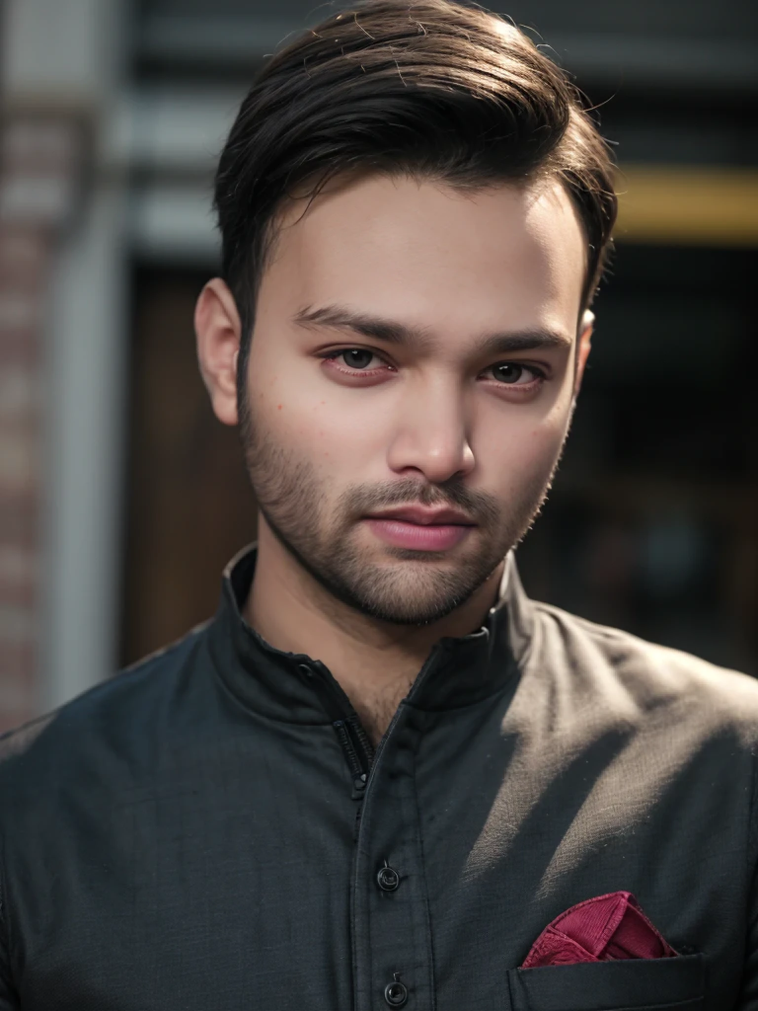 A beautiful young bearded man with highly detailed skin looking at the camera,8k,high res, soft light,no contrast,ultra realistic, photorealism.((real life photo,realistic:1.9, short beard:1)),(wearing black suits looking at right)