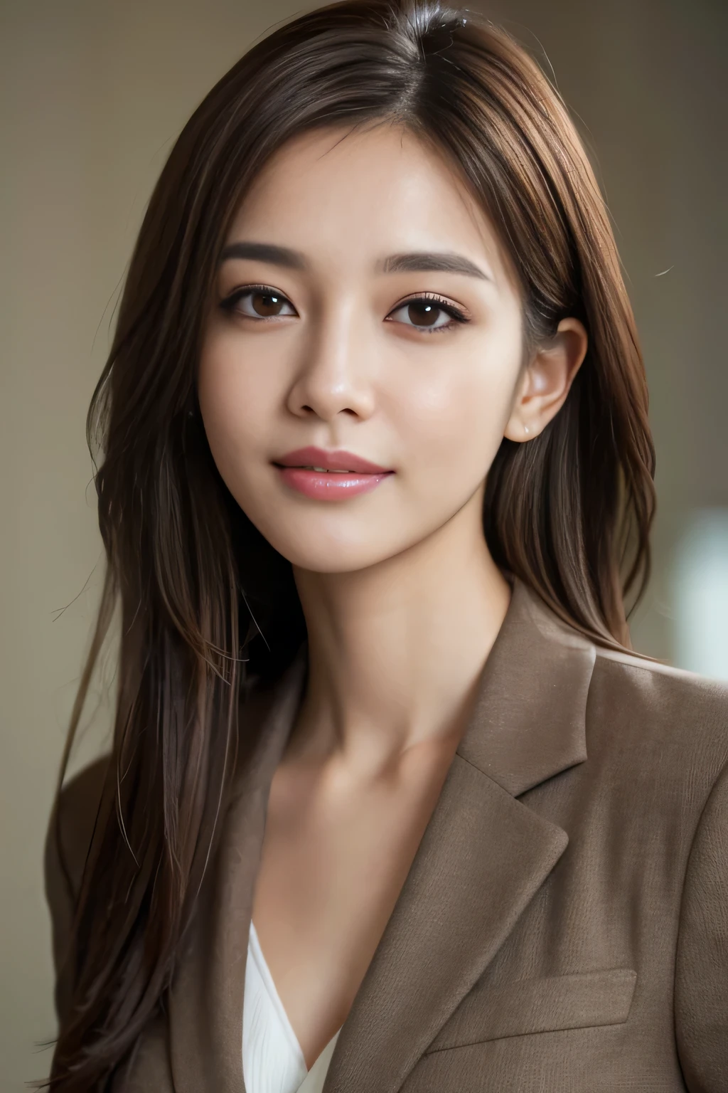 table top, highest quality, realistic, Super detailed, finely, High resolution, 8k wallpaper, 1 beautiful woman,, light brown messy hair, wearing a business suit, sharp focus, perfect dynamic composition, finely beautiful eyes, thin hair, Detailed and realistic skin texture, smile, close-up portrait, model body shape