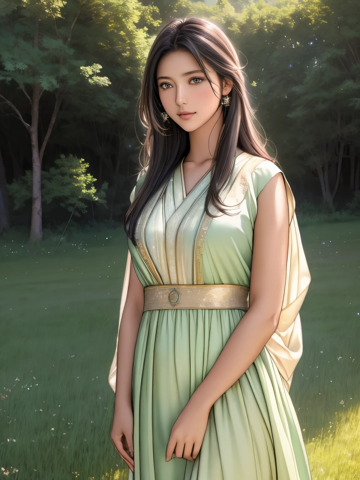 (best quality, highres, realistic:1.37), ultra-detailed, a girl looking up at the Milky Way galaxy, wearing a flowing earth-toned ethnic costume, her eyes sparkling with wonder, full of hopes and dreams, a sense of serenity in her expression, surrounded by flickering stars, radiating a soft glow, the night sky painted with vibrant colors, magical and ethereal, the girl standing on a lush green meadow, a gentle breeze gently rustling her hair, a sense of tranquility and harmony in the peaceful scenery.