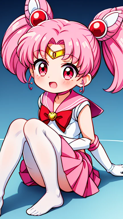 sailor moon，childhood，Young，Seven ，Cute little loli，Pink hair twintails，short hair，red eyes，Sailor suit，bow tie，White elbow gloves，red skirt，no shoes，Open your mouth，laughing out loud，sitting，short legs，white pantyhose