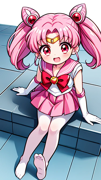 sailor moon,childhood,Young,Seven years old,Cute little loli,Pink hair twintails,short hair,red eyes,Sailor suit,bow tie,White elbow gloves,red skirt,no shoes,Open your mouth,laughing out loud,sitting,short legs,white pantyhose