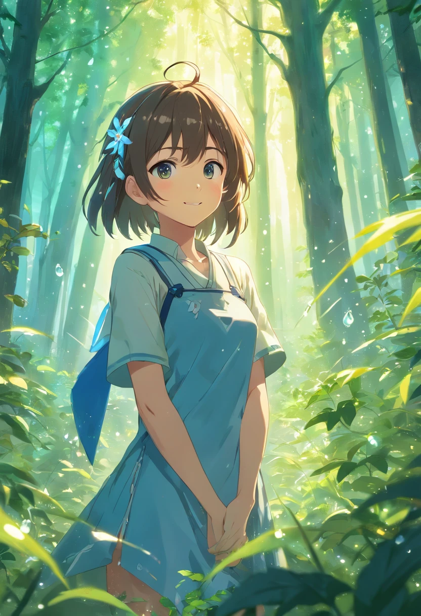 (((Infront a backdrop of think leaves with dew on them in the forest))) Is a girl ((smiling)) ((full body)) with a white and blue flower kneeling, eyes closed, her arms folded around herself,, wearing a luminating Light wide strap dress. Her Dress send out beams of white light inluminating the darkness around her black moths swirl around the light by starsnits90 3d art, inspired by WLOP, Artstatianime", 3d anime art, inspired byArtstation,genshinimpact pixiv, extremely detailed, aesthetic, concept art, ultrafine detail, breathtaking, 8k resolution, pixiv, extremely detailed, aesthetic, concept art, ultrafine detail, breathtaking, 8hd resolution,