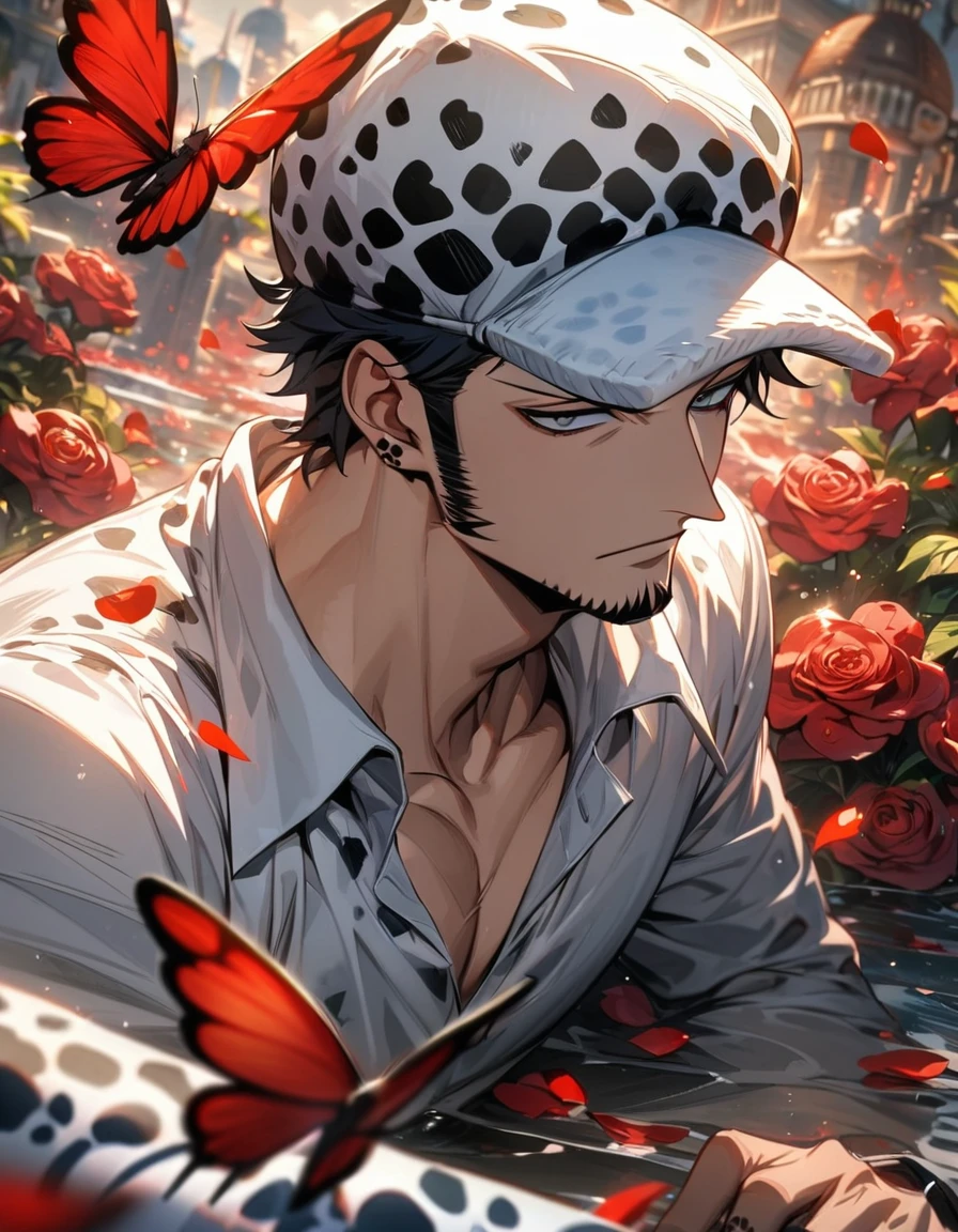 absurdres, highres, ultra detailed, HDR), master piece, best quality, Trafalgar D Water Law, black hair, white hat, expressive detailed grey eyes, One Piece, 1man, handsome, red petals, red flowers, red butterflies