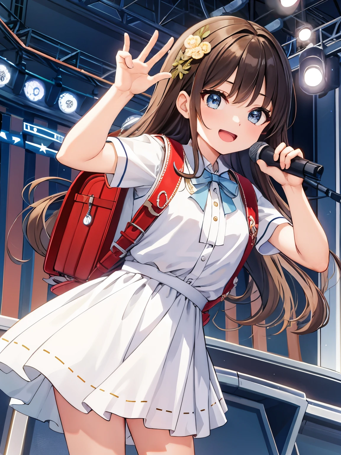 masterpiece, best quality, high resolution, extremely detailed, detailed background, cinematic lighting, 1girl, looking at viewer, singing, singer, smile, opened mouth, holding microphone, music concert, stage, wear dress, wearing randoseru backpack, (randoseru backpack:1.1), standing, fullbody, brown hair, blue eyes