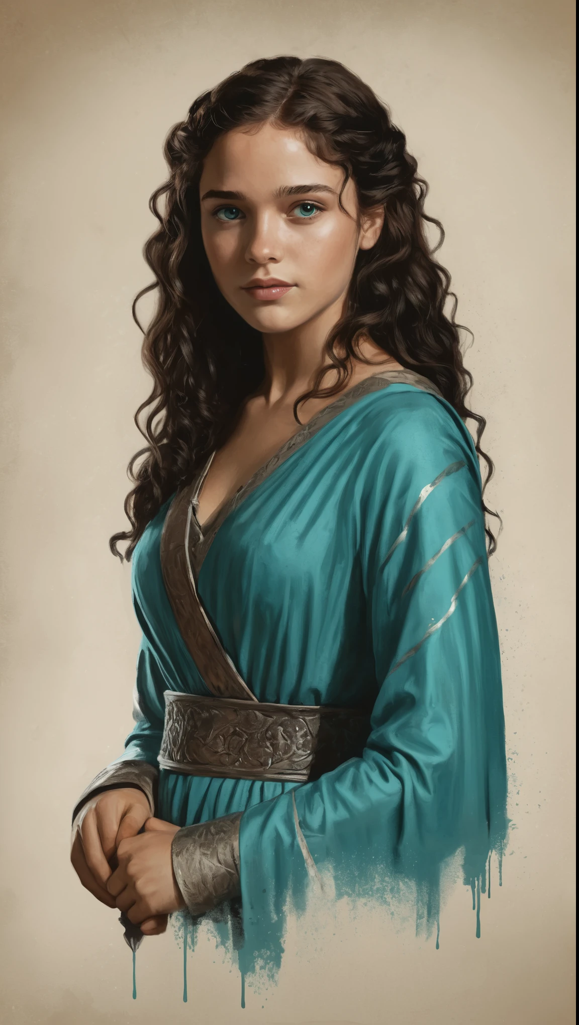 An illustrated movie poster, hand-drawn, full color, a Westerosi teenage girl, wearing a regal chiton, warm brown complexion, freckles, turquoise eyes, dark hair, long loose curls, waist-length hair, posing on a pedestal, hard shadows, graphite shading, stencil marks, airbrushed acrylic paint, masterpiece, in the style of Game of Thrones