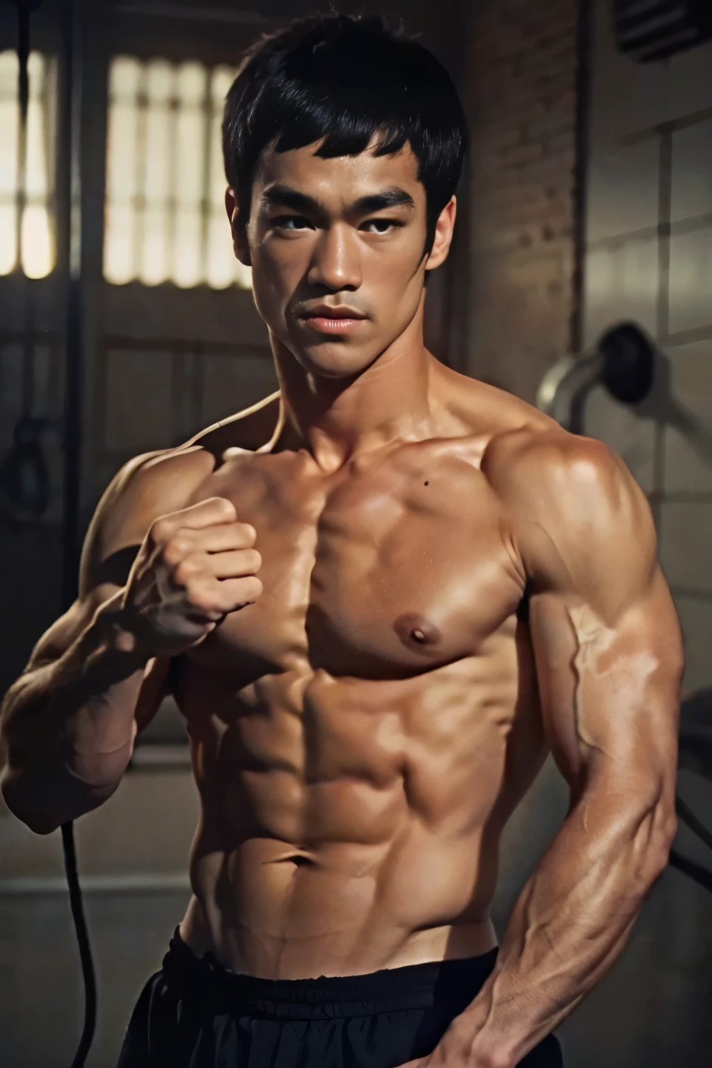 (8K, original photo, best quality),(((Martial arts superstar actual))),1 person,26-year-old man,street frontage,intricate details,Keep your mouth shut,muscle男,(((Manliness))),look away,male focus, ((best quality)), ((masterpiece)), (detailed), Young martial arts superstar male portrait, 18 year old male model, Handsome, High, cute look, seductive eyes, dark appearance, powerful, young male, Handsome model, clean shaved, silver eyes. (Brown messy short curly hair:1.2), messy curly hair, (short hair:1.7) super strong, muscle发达的, fit, massive muscles, (topless的:1.8), topless的, half naked, topless, muscle, torn, Strong body, fit body, great , amazing arms, Photo shooting site, (dark background:1.1) 8K, high detailed, ultra-detailed, fashion pose, Realistic skin texture, Movie lighting for Enter the Dragon