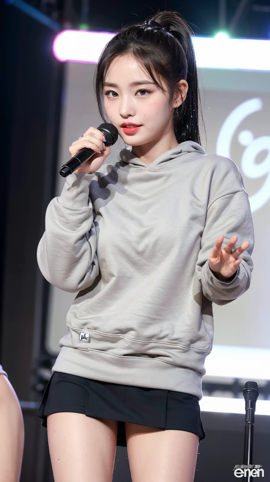 (8K), (highest quality: 1.2), (realistic), (realistic: 1.47), ultra high resolution, 1 girl, cute, smile, closed mouth, (thick lips:1.2),red lip,(Purse your mouth),beautiful details, beautiful nose,sweat on face,(Straight shiny black hair),(With a black ribbon on her head),(ponytail hair),Standing on the concert stage,hold the microphone in your right hand,Bend your elbows and raise your hands,(Grey oversized,Long length,sweatshirt:1.2),(Khaki brown pleated micro mini skirt:1.1),The length of the sweatshirt is long,The skirt is half covered by the sweatshirt,(Close up on wet thighs:1.2),(knees),(black socks:1.1),(super low angle:1.2),(medium shot),
