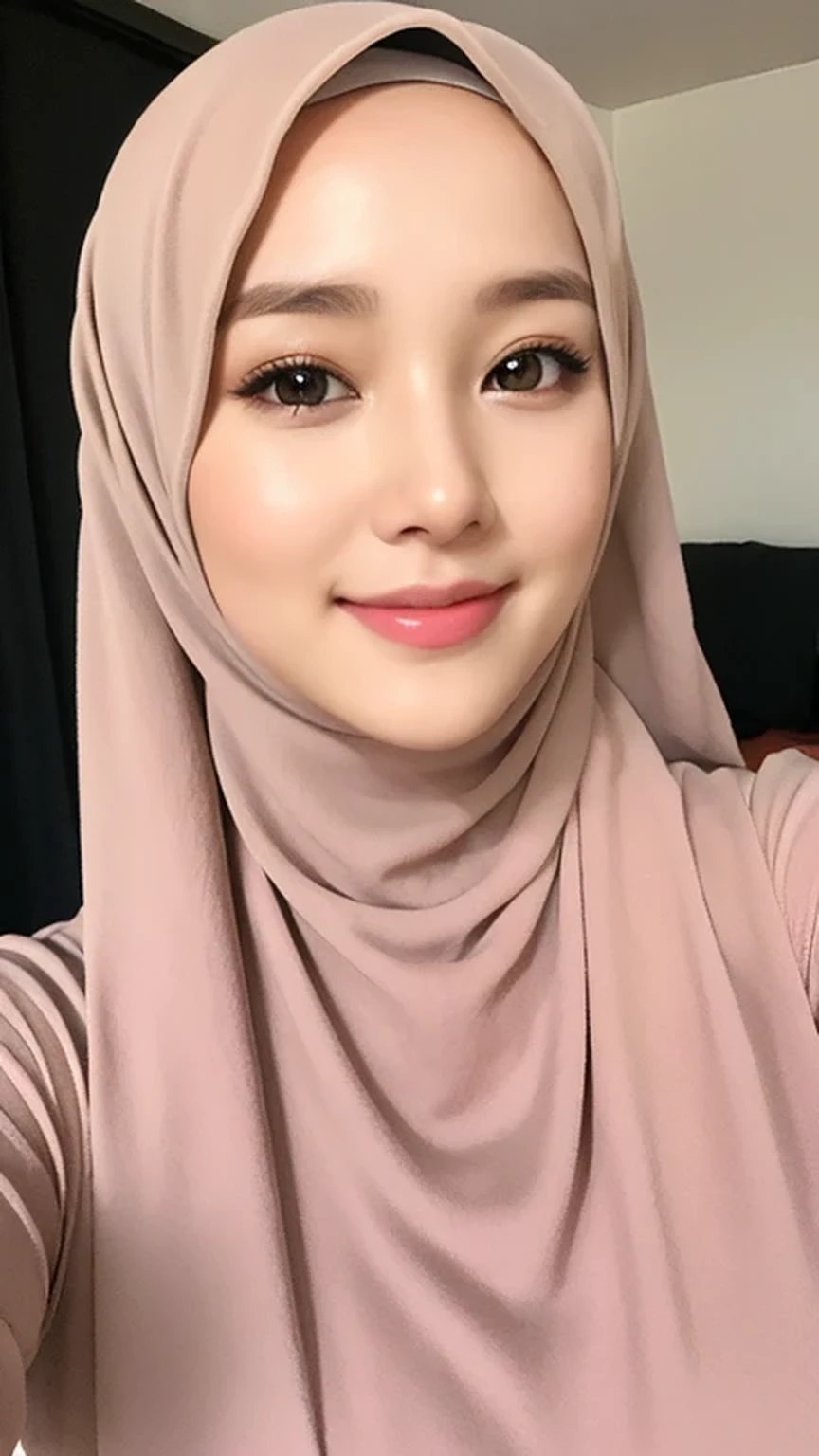 （lifelike， High resolution：1.3）， 1 Girl with perfect body， very detailed face and eyes，hijab, indonesian：1.2, whole body, beautiful, a room, white room, cute face, smile