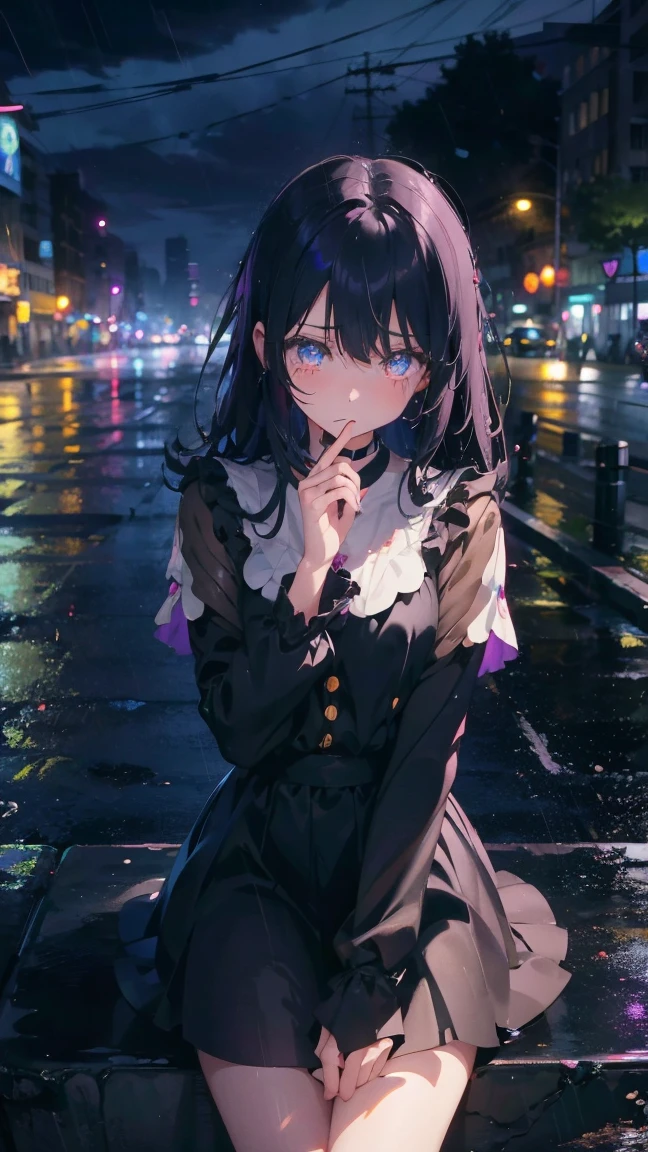 1 anime girl, alone,Black petals flutter, A mysteriously shining butterfly.city,vivid hair,Vivid gemstone eyes,thin legs,Gloomy cloudy sky,sad expression,very clear,highest quality,rainy city,standing on street corner,Are crying,tears,close up of face,Sit in the water