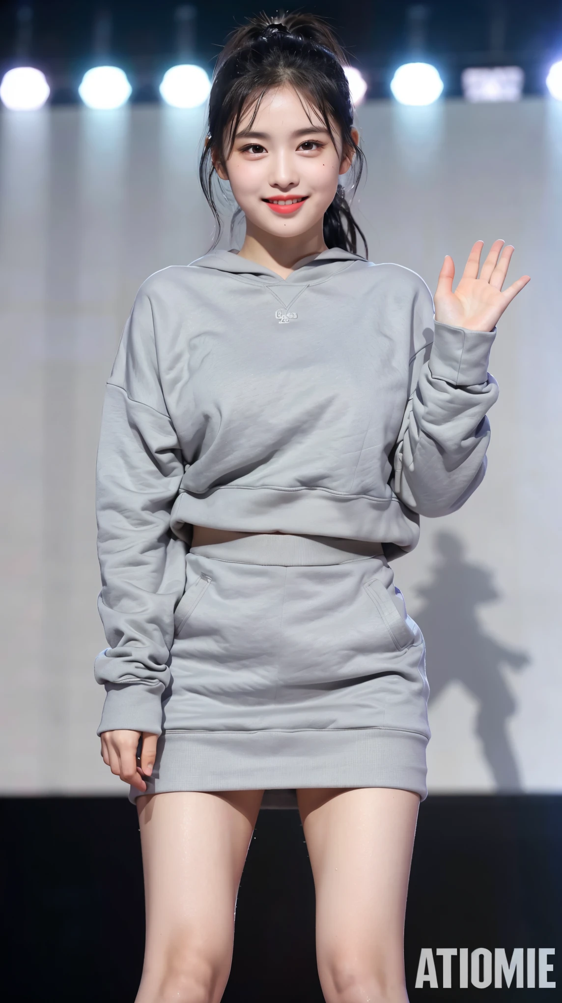 (8K), (highest quality: 1.2), (realistic), (realistic: 1.47), ultra high resolution, 1 girl, cute, smile, closed mouth, (thick lips:1.2),red lip,(Purse your mouth),beautiful details, beautiful nose,sweat on face,(Straight shiny black hair),(With a black ribbon on her head),(ponytail hair),Standing on the concert stage,hold the microphone in your right hand,Bend your elbows and raise your hands,(Grey oversized,Long length,sweatshirt:1.2),(Khaki brown pleated micro mini skirt:1.1),The length of the sweatshirt is long,The skirt is half covered by the sweatshirt,(Close up on wet thighs:1.2),(knees),(black socks:1.1),(super low angle:1.2),(medium shot),