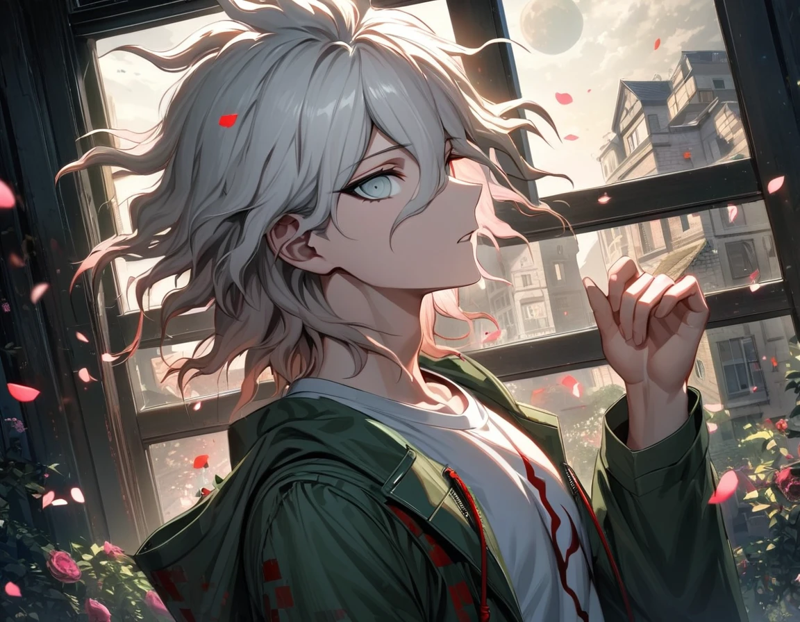 Ultra detailed, Highres, absurdres, HDR, Komaeda Nagito, white hair, silver eyes, green long coat, white t-shirt, black pants, Danganronpa 2, 1 man only, moon, window, petals, handsome
