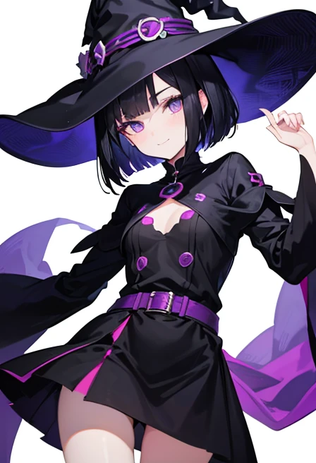 Witch's outfit, Anime-style portrait of a girl with a deep violet bob cut making eye contact with the camera, bright eyes, baby-faced, subtle smile, minimalistic background to emphasize character, high contrast, clean lines, digital painting, vivid colors