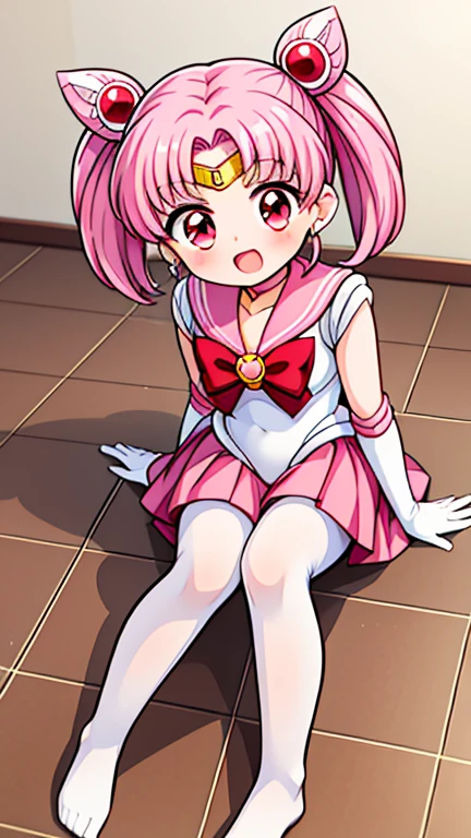 sailor moon，childhood，Young，Seven ，Cute little loli，Pink hair twintails，short hair，red eyes，Sailor suit，bow tie，White elbow gloves，red skirt，no shoes，Open your mouth，laughing out loud，sitting，short legs，white pantyhose