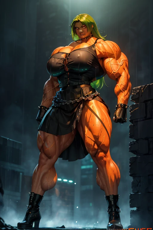 (((((Massive, tall, beautiful, buff, wet, brown skinned muscular android woman with green hair, glowing orange eyes, black lipstick, ginormous bulky muscles, wearing an half button down black blouse with black loose skirt))))), close view, (massive muscles), massive biceps, hyper muscle shoulders, (ginormous muscles), hyper muscle triceps, (curvy long hair wind blowing hair), (glowing orange eyes), choker, (chain belt), black boots, (spiked gauntlets), (black fog surrounding the body), on top of a skyscraper of a rainy destroyed dark city, arrogant smile, night, hyper vascular arm, hyper muscles arms, hyper muscle legs, (ginormous arms).
