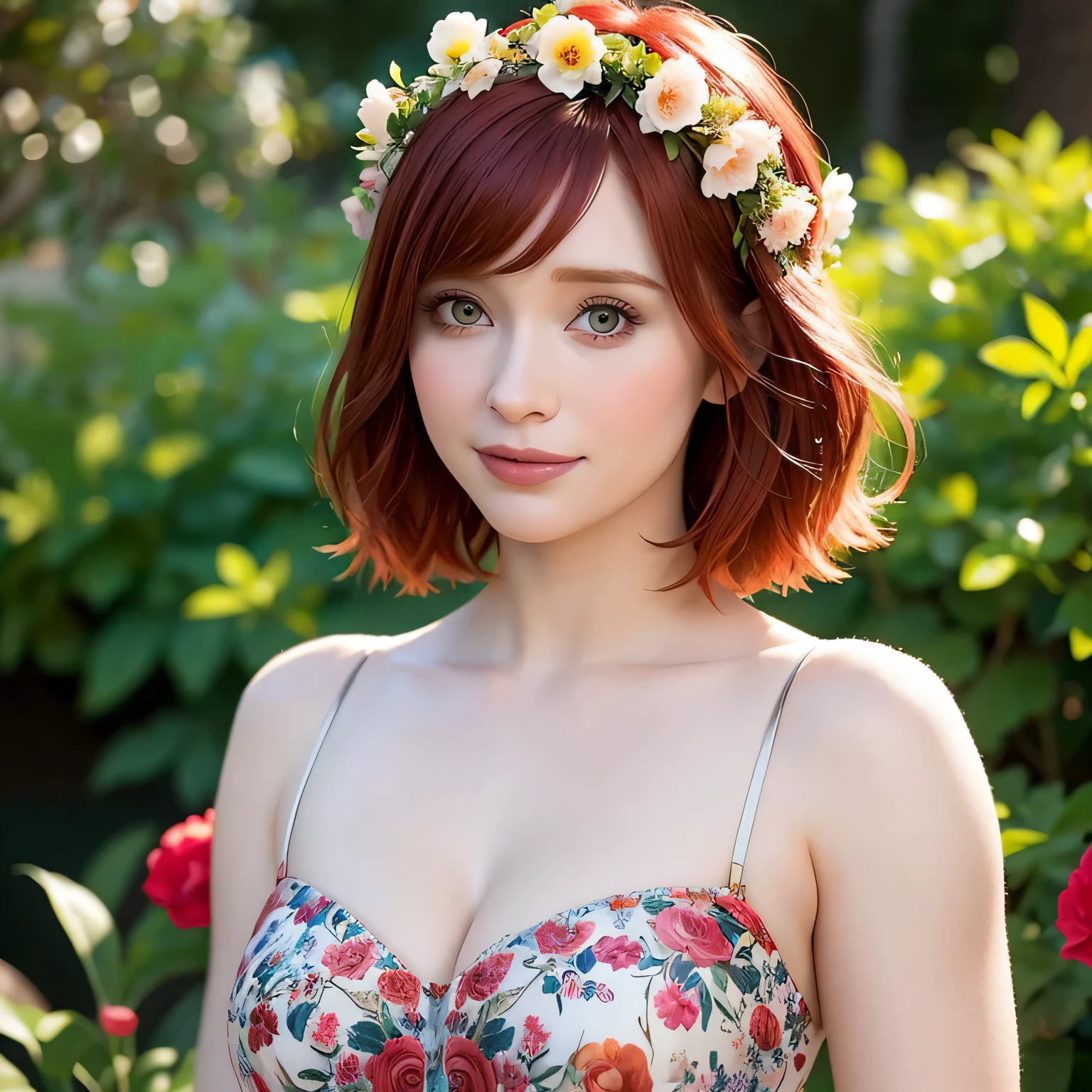 (best quality,realistic:1.2), (Bryce Dallas Howard), beautiful europian girl, detailed dark blues eyes, luscious lips, short red hair ,warm sunlight, captivating smile, vibrant colors, traditional Spanish dress, flower crown, garden background, floral elements, rich texture, portrait style, soft and natural lighting, 