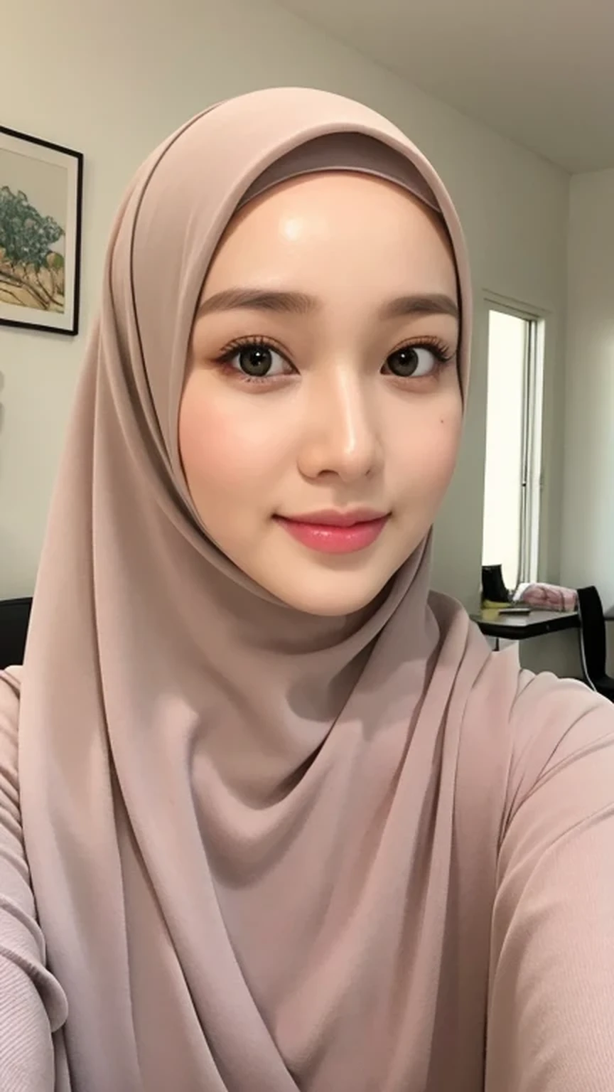 （lifelike， High resolution：1.3）， 1 Girl with perfect body， very detailed face and eyes，hijab, indonesian：1.2, whole body, beautiful, a room, white room, cute face, smile