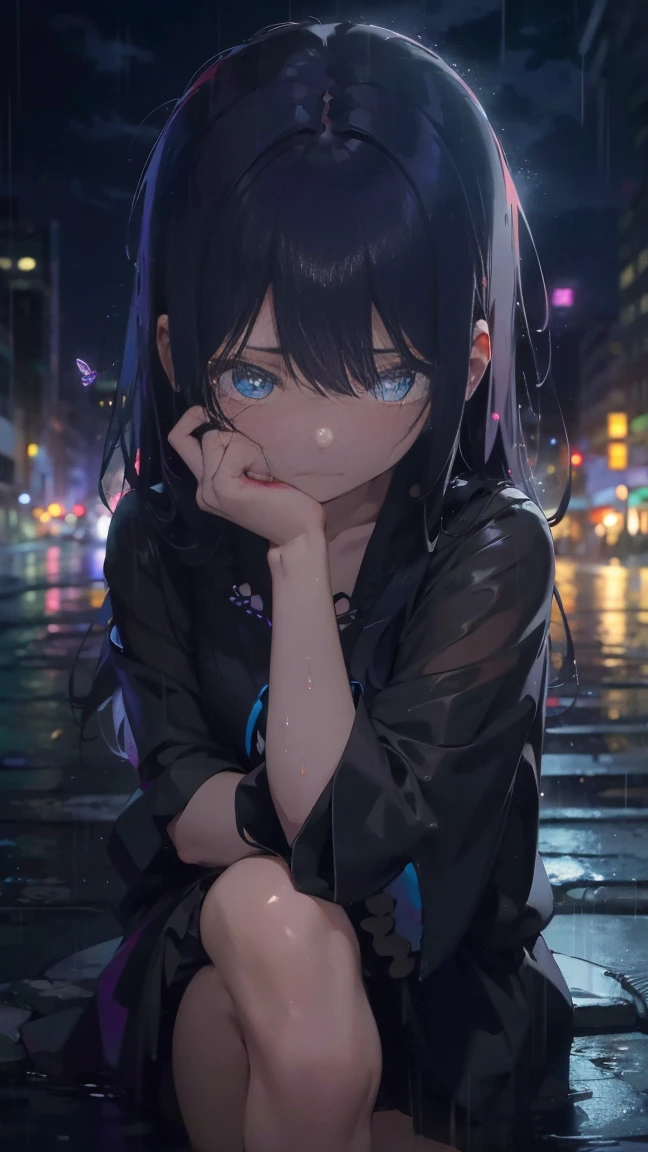 1 anime girl, alone,Black petals flutter, A mysteriously shining butterfly.city,vivid hair,Vivid gemstone eyes,thin legs,Gloomy cloudy sky,sad expression,very clear,highest quality,rainy city,standing on street corner,Are crying,tears,close up of face,Sit in the water