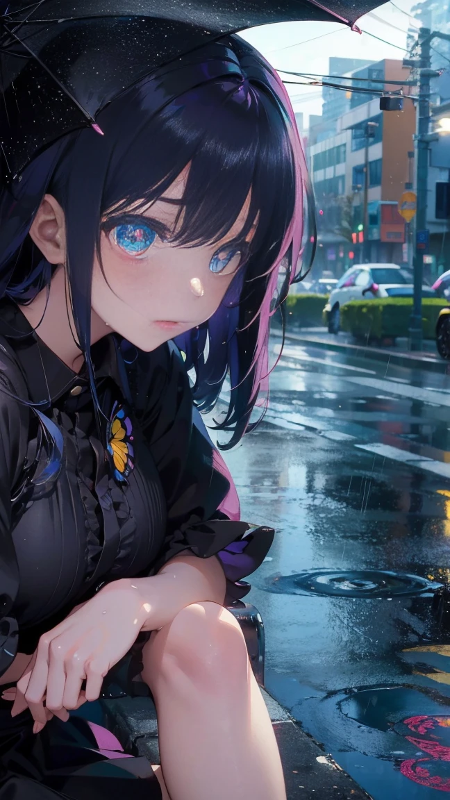 1 anime girl, alone,Black petals flutter, A mysteriously shining butterfly.city,vivid hair,Vivid gemstone eyes,thin legs,Gloomy cloudy sky,sad expression,very clear,highest quality,rainy city,standing on street corner,Are crying,tears,close up of face,Sit in the water