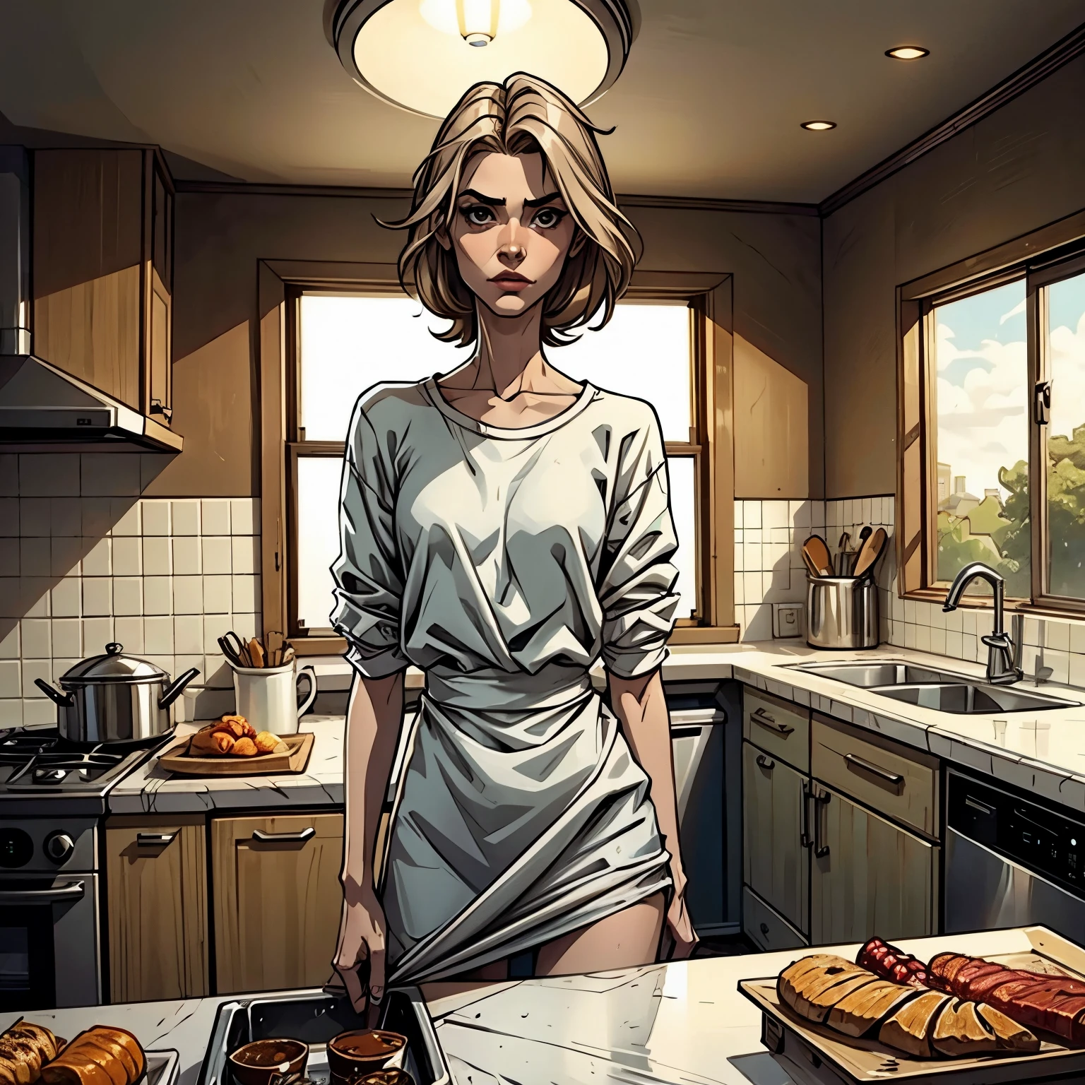 Woman with anorexia, wearing clothes, in the kitchen of a house With high quality and she sad