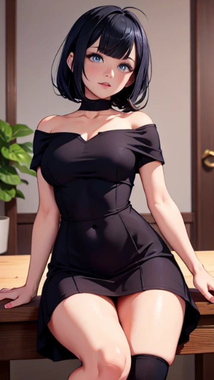 on the table, ultra high resolution, Super detailed, beautiful ，Off the shoulder dress，European girl, A black-haired one, Short Bob Cut, amazing blue eyes, white skinned, red lips, red blush, A gentle look, witch, amazing face, The Amazing Mavis Dracula, mix, black skirt,  Striped socks , beautiful, Perfect body, striped thighs, Bulma, (at your feet:1.2)