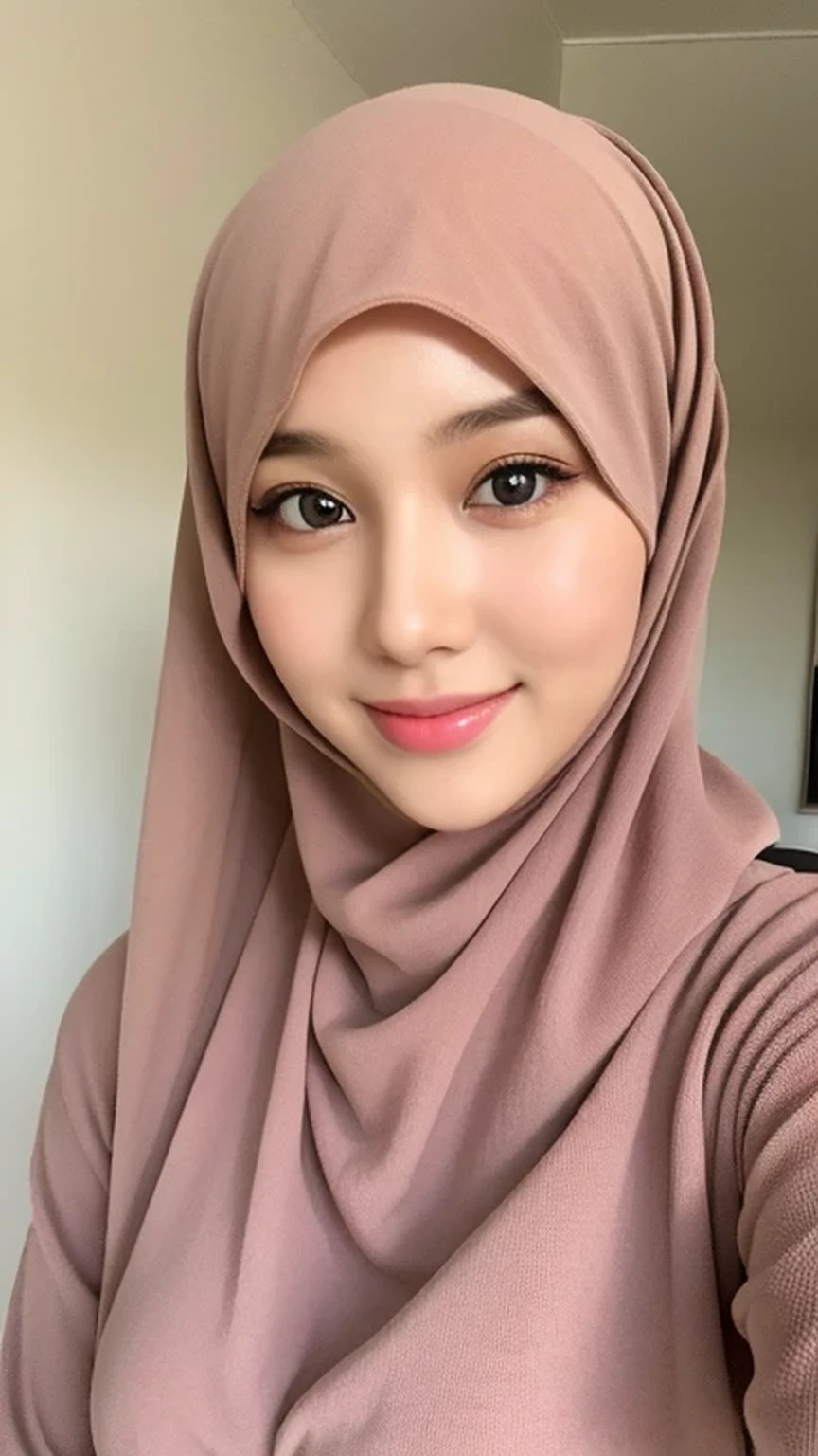 (lifelike, High resolution:1.3), 1 Girl with perfect body, very detailed face and eyes,hijab, indonesian:1.2, whole body, beautiful, a room, white room, cute face, smile
