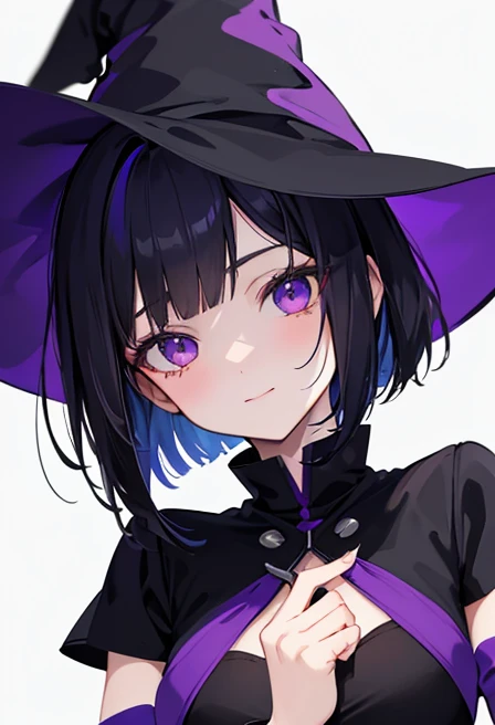 Witch's outfit, Anime-style portrait of a girl with a deep violet bob cut making eye contact with the camera, bright eyes, baby-faced, subtle smile, minimalistic background to emphasize character, high contrast, clean lines, digital painting, vivid colors