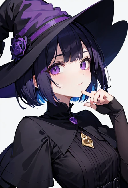 Witch's outfit, Anime-style portrait of a girl with a deep violet bob cut making eye contact with the camera, bright eyes, baby-faced, subtle smile, minimalistic background to emphasize character, high contrast, clean lines, digital painting, vivid colors
