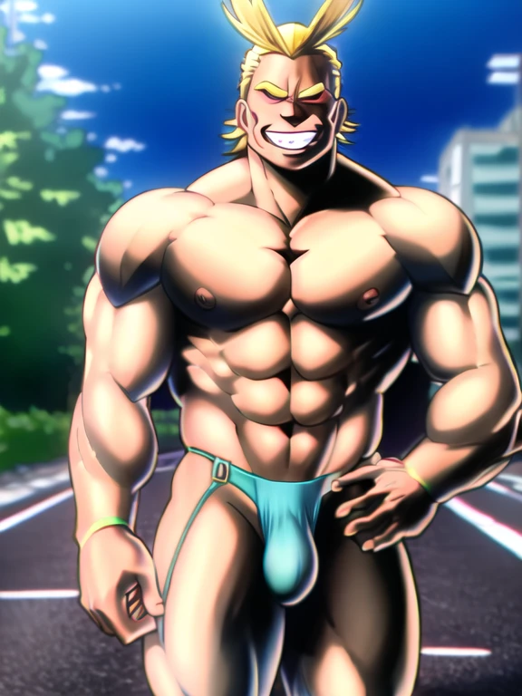 (solo:1.2),1boy, allmight, antenna hair, smile, day, streets, beautiful background, people in the streets, bokeh,
professional, sharp, natural lighting, (masterpiece:1.2), realistic, extremely detailed, intricate details, absurdres, 4k, 8k, hdr, highres, anime, manga, (bulge in thong lingerie:1.2),topless,