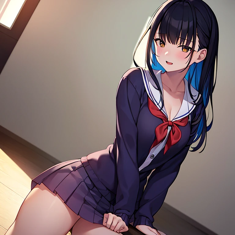 Kei karuizawa de classroom elite, sexy, postura sexy y provocativa, imagen de cuerpo entero, average size breasts, color de cabello anaranjado, COLOR DEL CABELLO ANARANJADO, color de saco rojo, con corbatin azul, camisa de fondo blanca, franja amarilla en el borde del saco