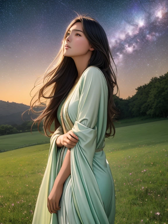 (best quality, highres, realistic:1.37), ultra-detailed, a girl looking up at the Milky Way galaxy, wearing a flowing earth-toned ethnic costume, her eyes sparkling with wonder, full of hopes and dreams, a sense of serenity in her expression, surrounded by flickering stars, radiating a soft glow, the night sky painted with vibrant colors, magical and ethereal, the girl standing on a lush green meadow, a gentle breeze gently rustling her hair, a sense of tranquility and harmony in the peaceful scenery.