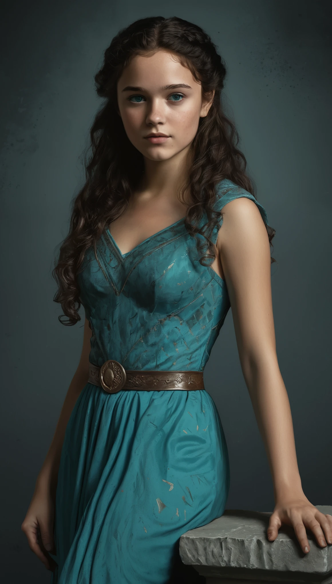 An illustrated movie poster, hand-drawn, full color, a Westerosi age girl, wearing a regal dress, warm brown complexion, freckles, turquoise eyes, dark hair, long loose curls, waist-length hair, posing on a pedestal, hard shadows, graphite shading, stencil marks, airbrushed acrylic paint, masterpiece, in the style of Game of Thrones