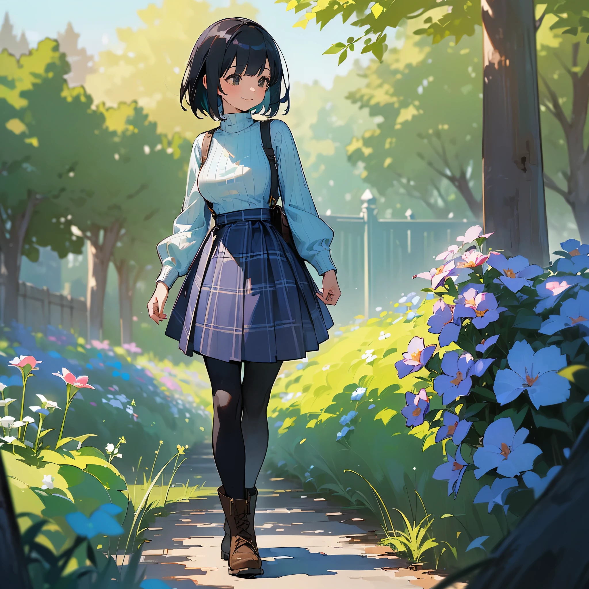 (high quality, High resolution, Super detailed, reality:1.37), peaceful atmosphere, (outdoor, garden), teenage girl standing alone, (my breasts are big.), Beautiful detail features, cute smile, (black bob hair), ribbed sweater, blue plaid skirt, black tights, brown boots.