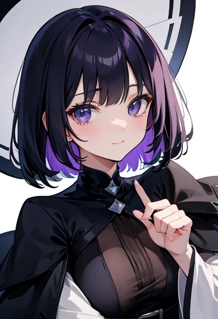 Witch's outfit, Anime-style portrait of a girl with a deep violet bob cut making eye contact with the camera, bright eyes, -facebtle smile, minimalistic background to emphasize character, high contrast, clean lines, digital painting, vivid colors