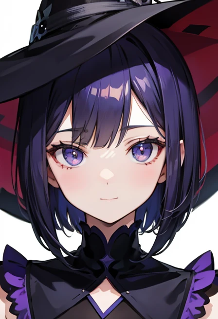 Witch's outfit, Anime-style portrait of a girl with a deep violet bob cut making eye contact with the camera, bright eyes, baby-faced, subtle smile, minimalistic background to emphasize character, high contrast, clean lines, digital painting, vivid colors